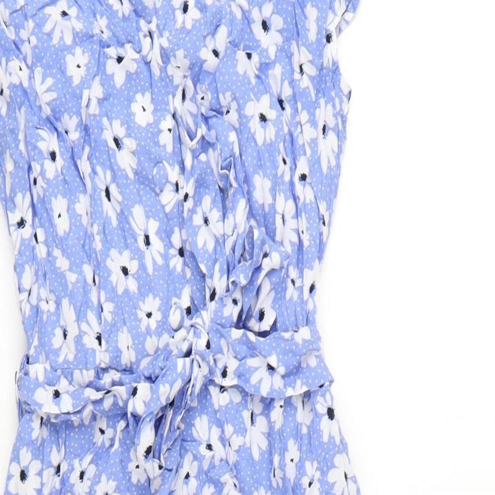 &et Womens Blue Floral Viscose A-Line Size 8 V-Neck Button