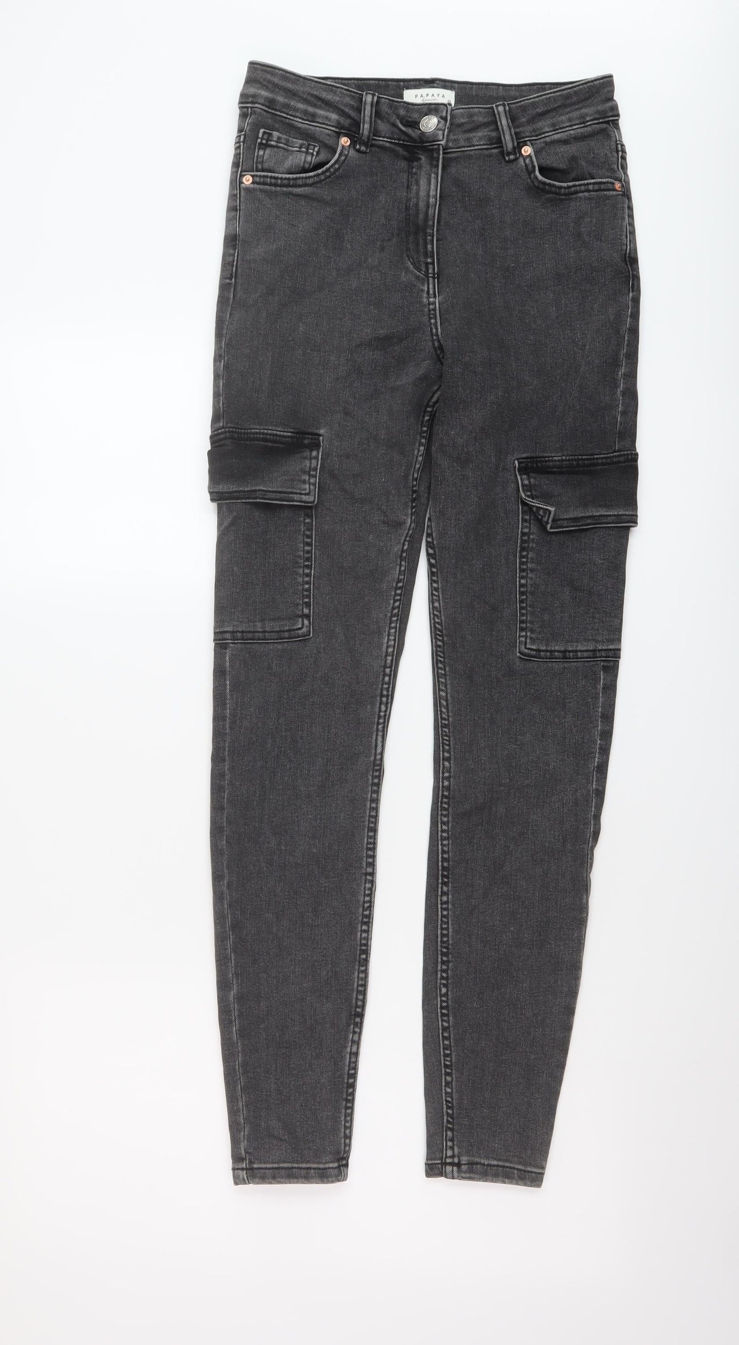 Papaya Womens Grey Cotton Skinny Jeans Size 12 L29 in Regular Button