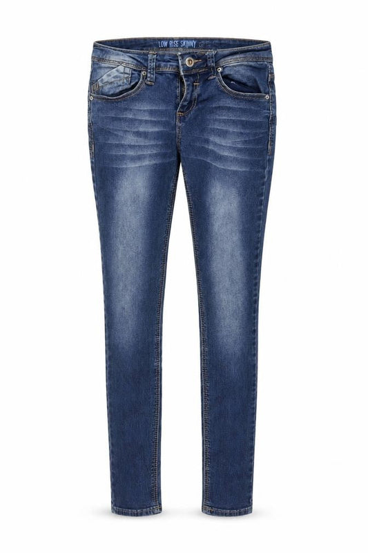 Front view of Denim & Co. women’s blue cotton skinny jeans, size UK 6, 28-inch leg regular button