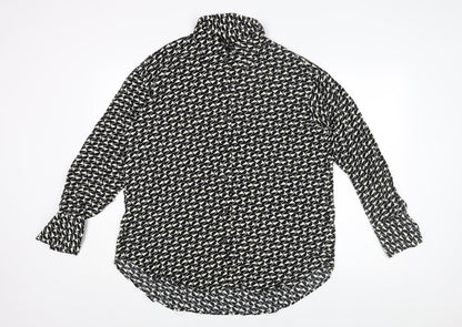 River Island Womens Black Geometric Viscose Basic Button-Up Size 10 Collared