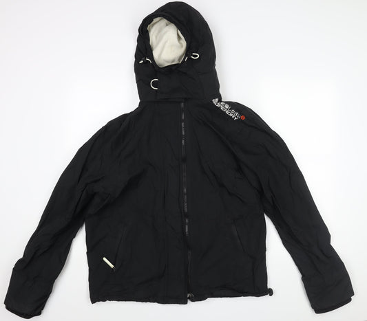 Superdry Mens Black Rain Coat Coat Size XL Zip - Logo Drawstring Fleece Lined