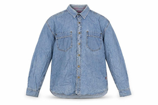 Authentic Mens Blue Cotton Button-Up Size L Collared Button