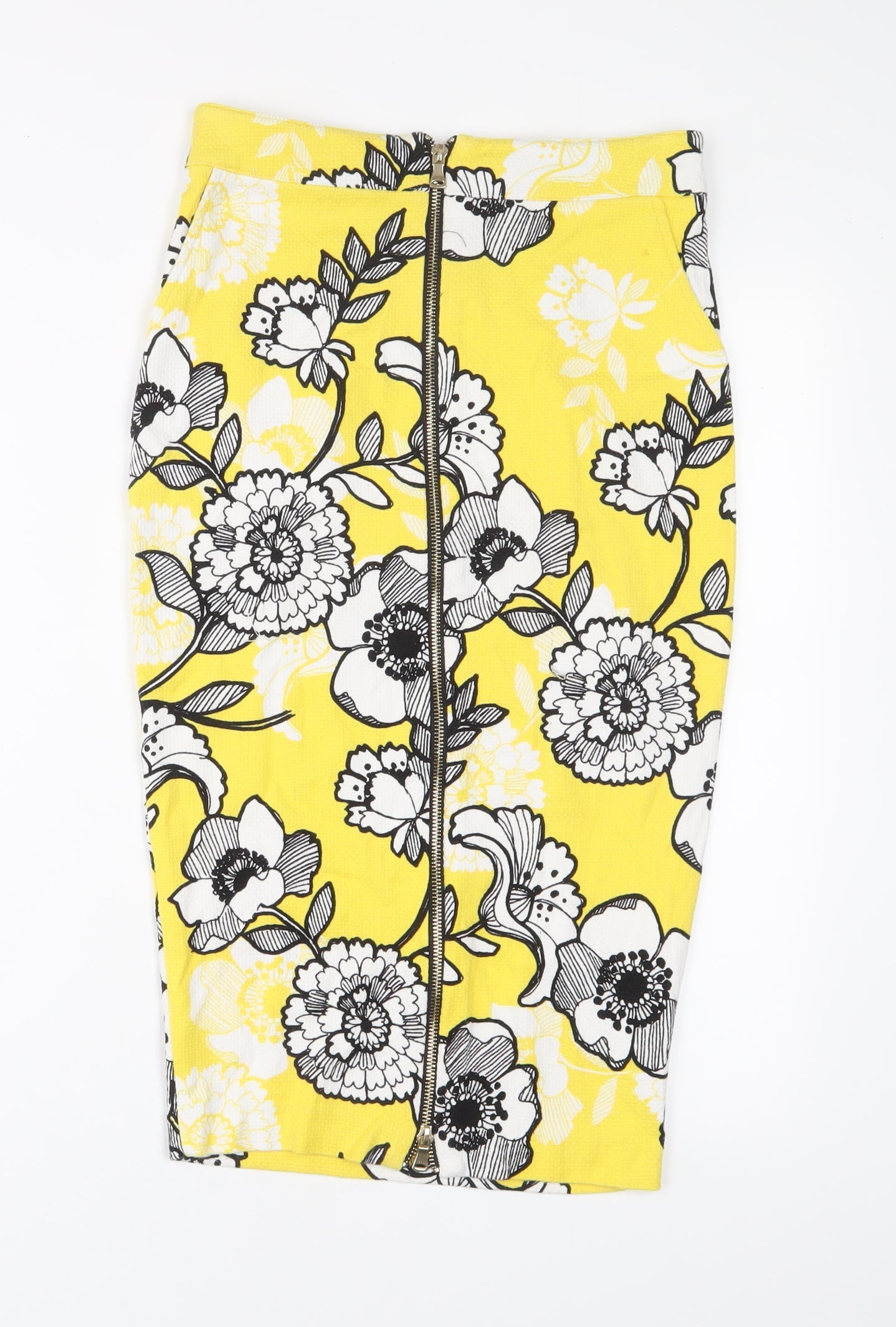 River Island Womens Yellow Floral Polyester A-Line Skirt Size 8 Zip