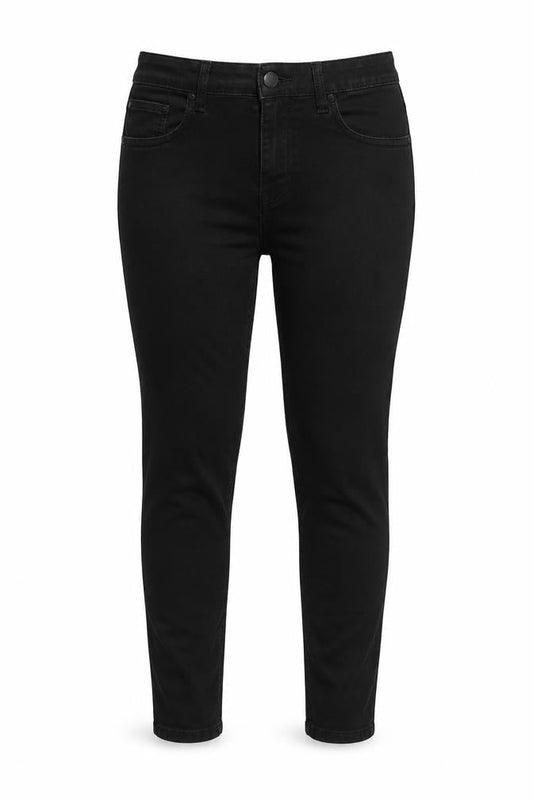 Front view of Denim & Co. women’s black cotton skinny jeans, size UK 14, 26-inch leg regular zip