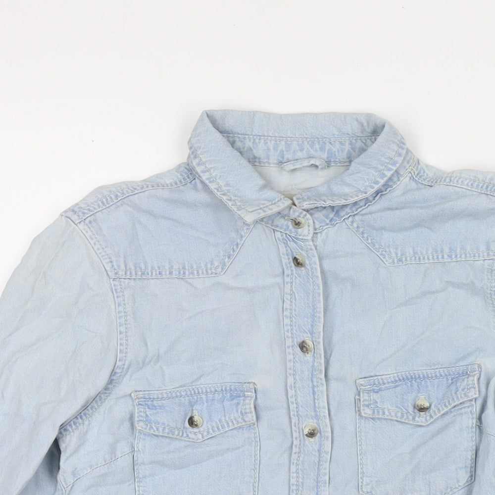 Topshop Womens Blue Cotton Basic Button-Up Size 6 Collared