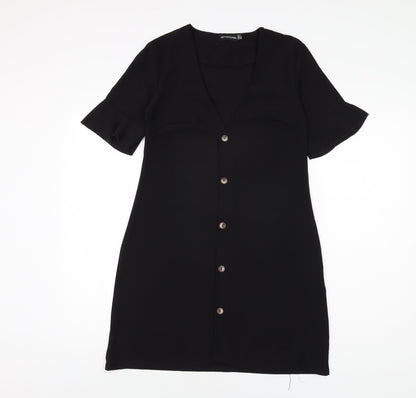PRETTYLITTLETHING Womens Black Polyester Shift Size 4 V-Neck Button