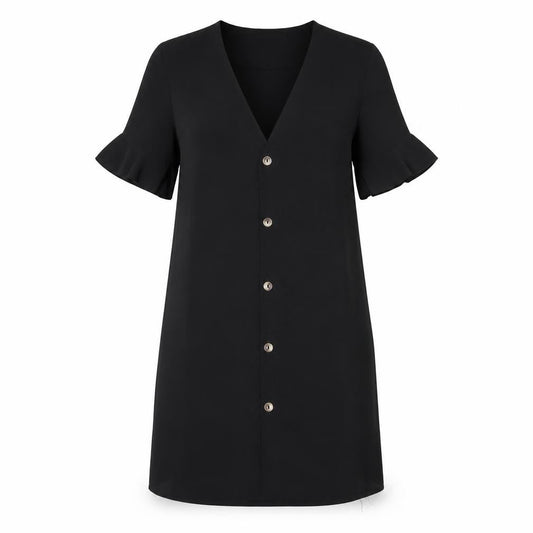 PRETTYLITTLETHING Womens Black Polyester Shift Size 4 V-Neck Button
