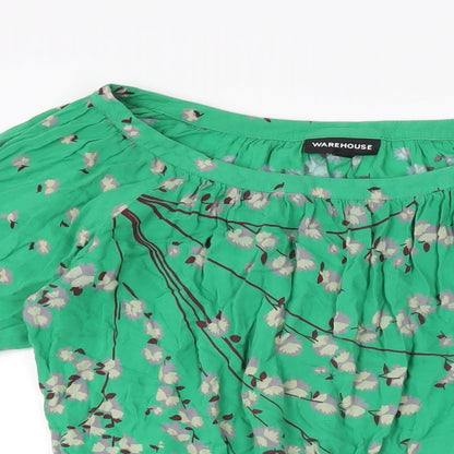 Preloved Warehouse Womens Green Floral Viscose Basic T-Shirt Size 8 Scoop Neck - Detail