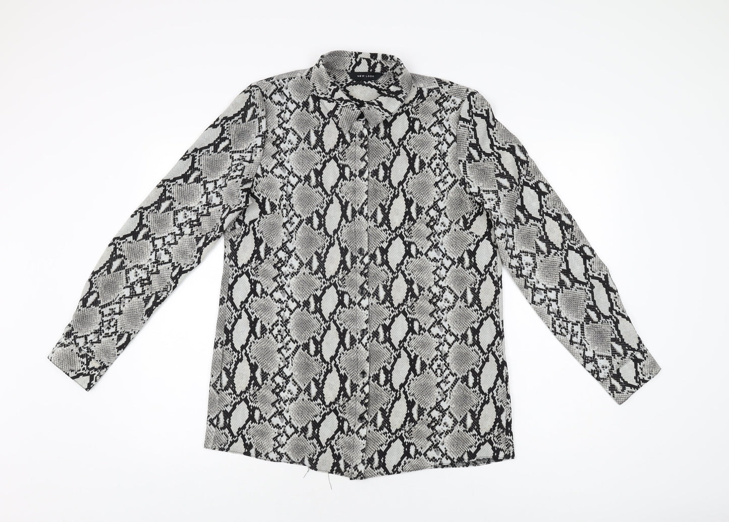 New Look Womens Grey Animal Print Polyester Basic Button-Up Size 12 Collared - Snake Print