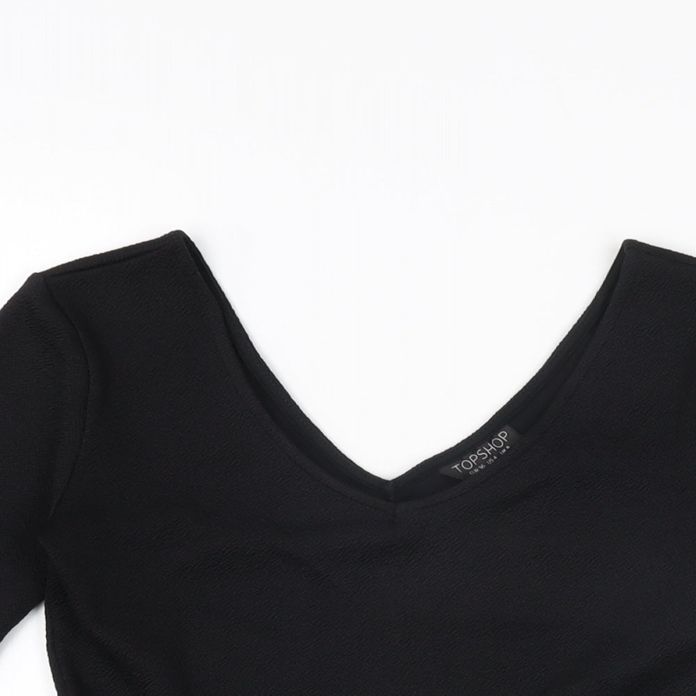 Topshop Womens Black Polyester Basic T-Shirt Size 8 V-Neck