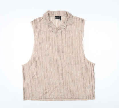 Front view of ASOS women’s beige polyamide basic t-shirt, size L, collared