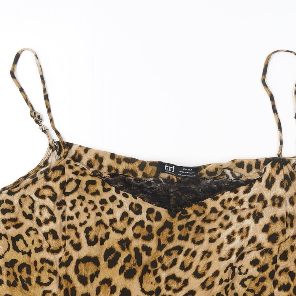 Zara Womens Beige Animal Print Viscose Camisole T-Shirt Size M V-Neck - Leopard Print