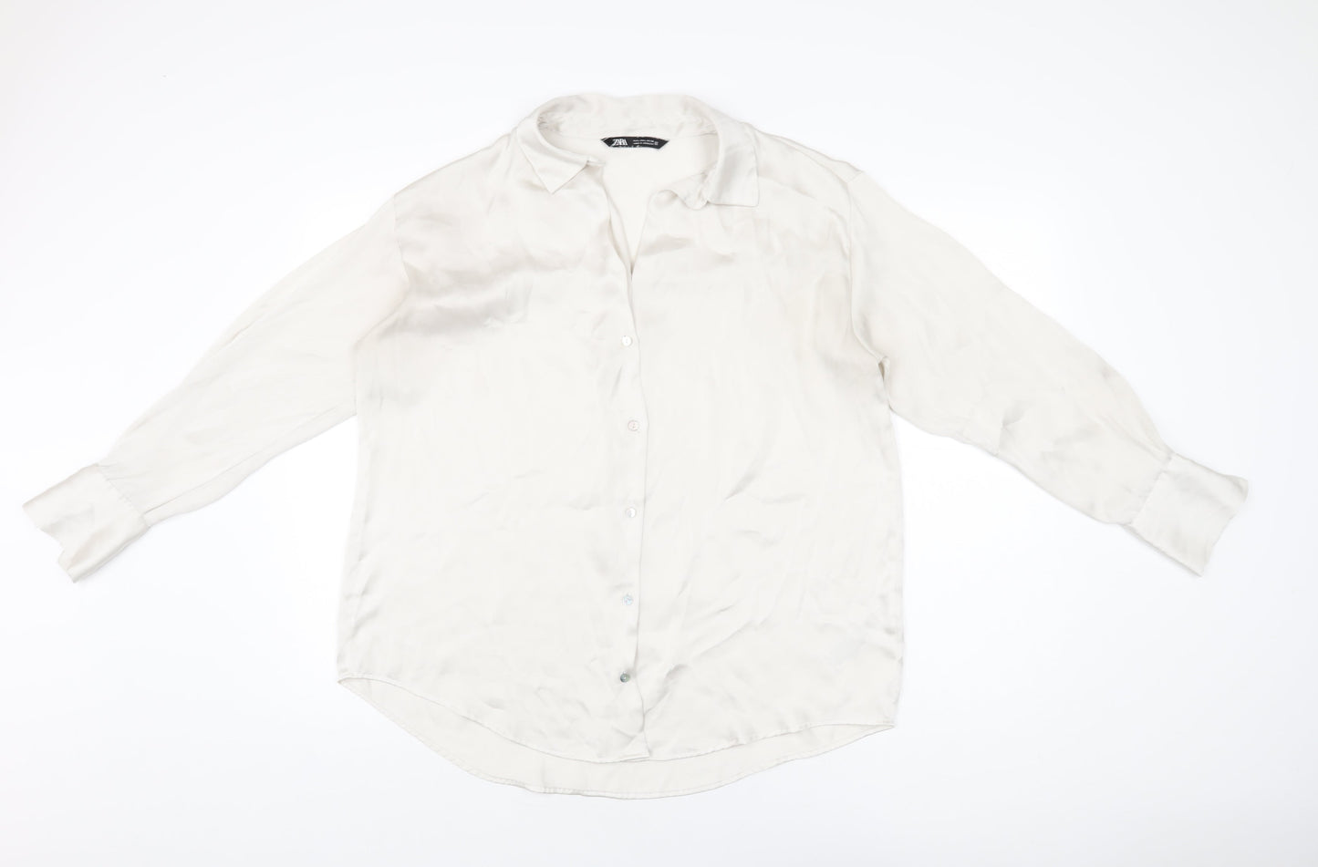 Zara Womens Ivory Polyester Basic Button-Up Size L Collared