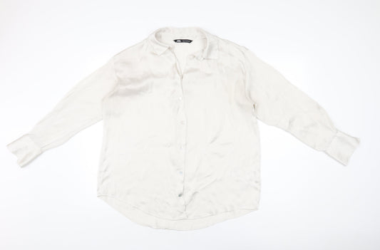Zara Womens Ivory Polyester Basic Button-Up Size L Collared
