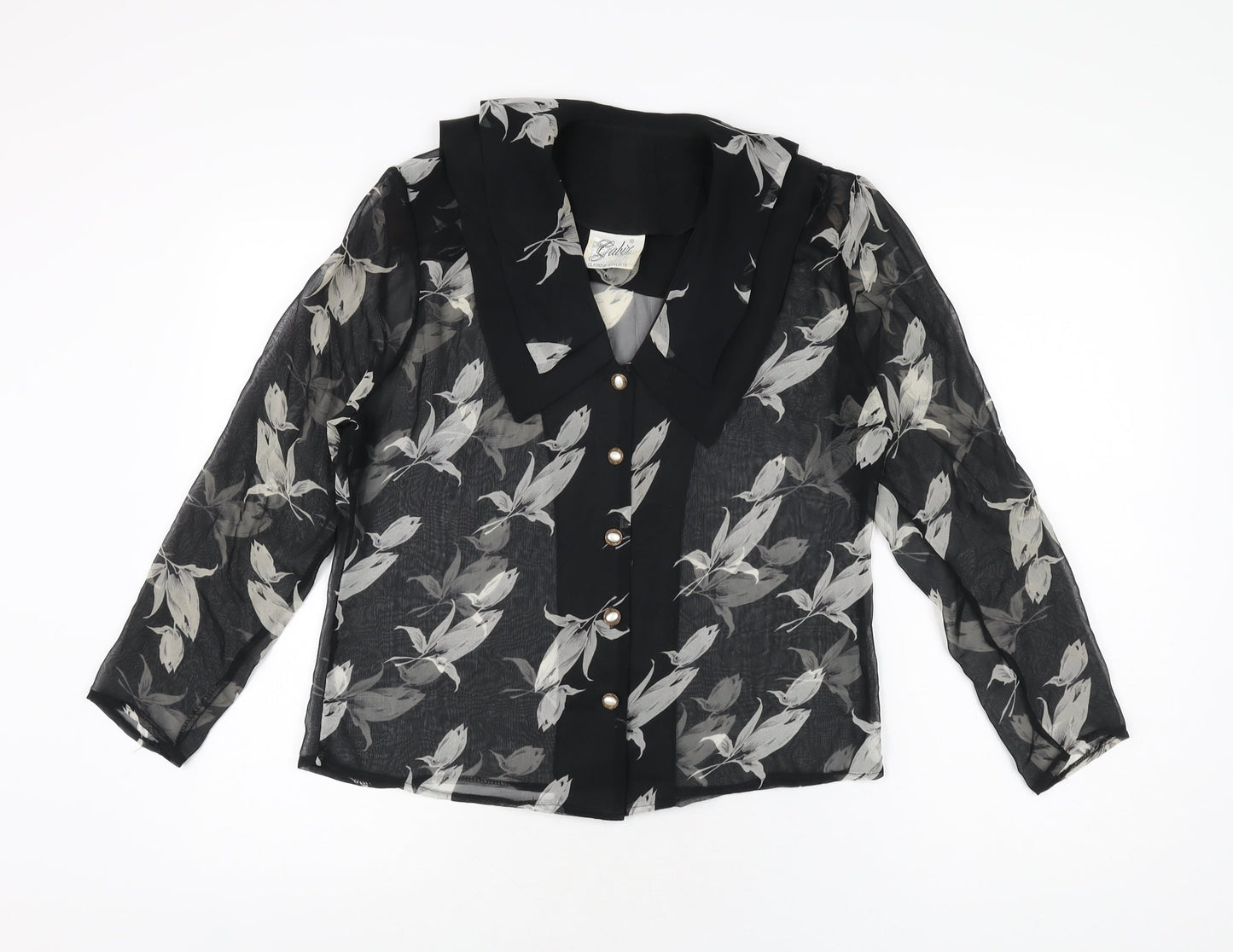 Gabiz Womens Black Floral Polyester Basic Button-Up Size 12 Collared