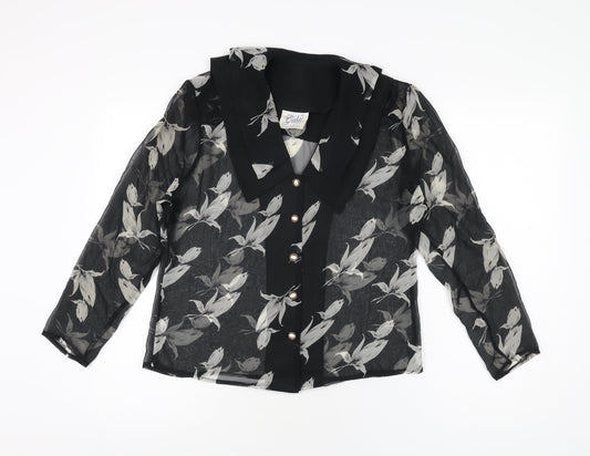 Gabiz Womens Black Floral Polyester Basic Button-Up Size 12 Collared