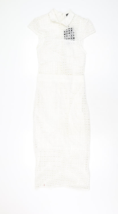 PRETTYLITTLETHING Womens White Polyester Bodycon Size 6 Collared Zip