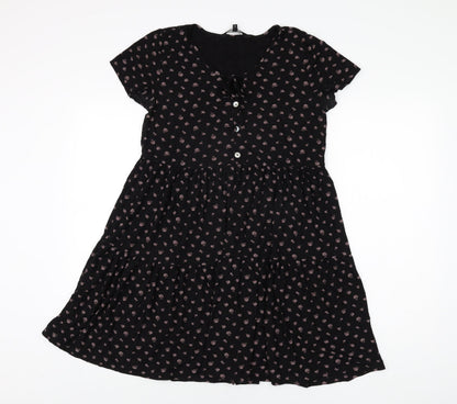 Next Womens Black Geometric Viscose Shift Size 6 Round Neck Button