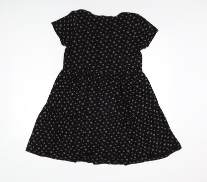 Next Womens Black Geometric Viscose Shift Size 6 Round Neck Button