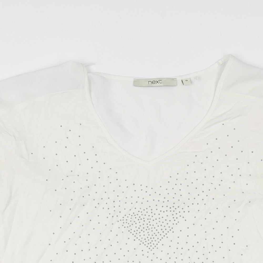 NEXT Womens White Viscose Basic T-Shirt Size 10 V-Neck