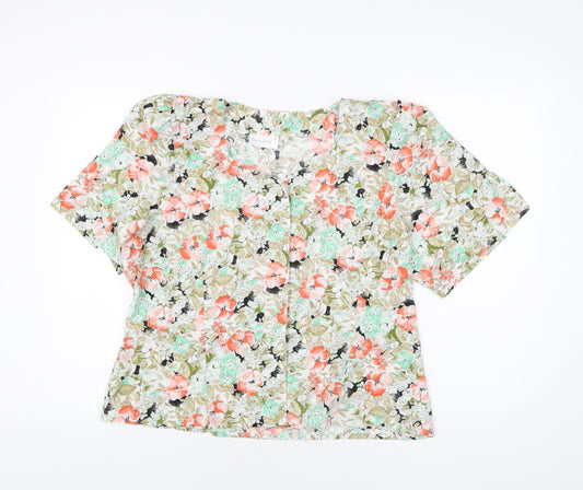 Euro-lady Womens Multicoloured Floral Polyester Basic Button-Up Size 16 Square Neck