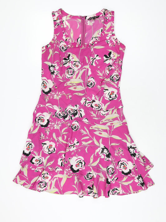 Marks and Spencer Womens Pink Floral Polyester Shift Size 8 Scoop Neck Zip