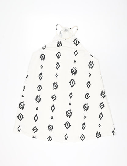Zara Womens White Geometric Polyester Basic T-Shirt Size S Round Neck