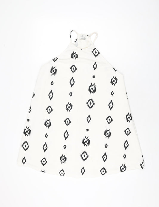 Zara Womens White Geometric Polyester Basic T-Shirt Size S Round Neck