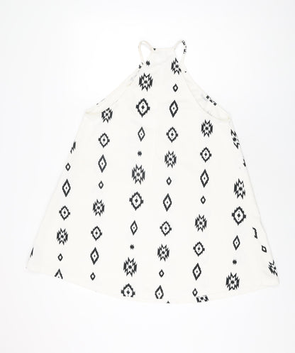 Zara Womens White Geometric Polyester Basic T-Shirt Size S Round Neck