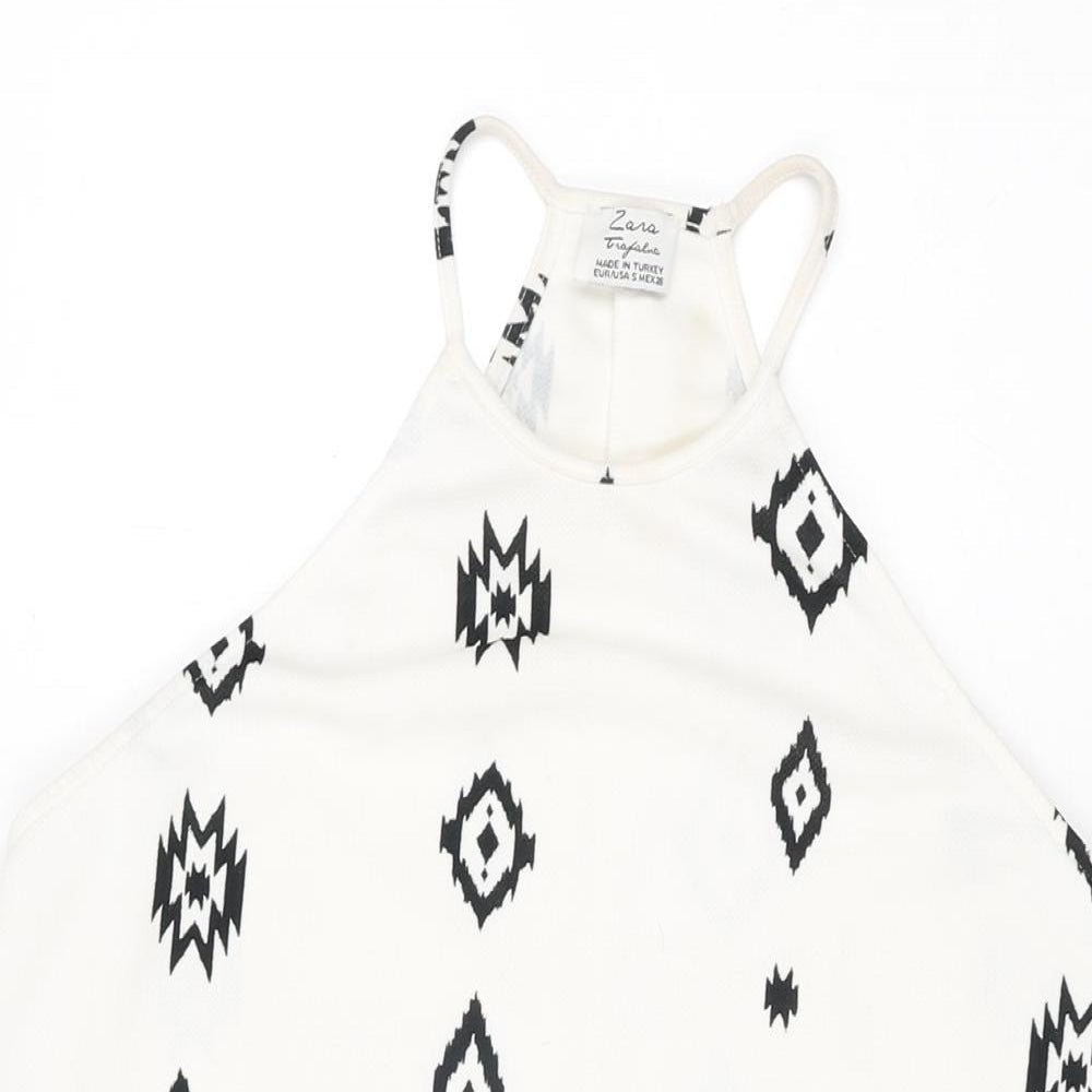 Zara Womens White Geometric Polyester Basic T-Shirt Size S Round Neck