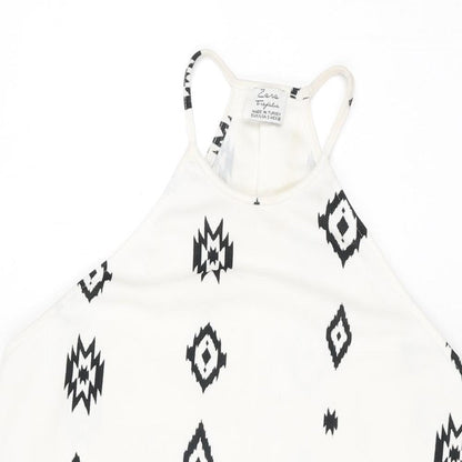 Zara Womens White Geometric Polyester Basic T-Shirt Size S Round Neck