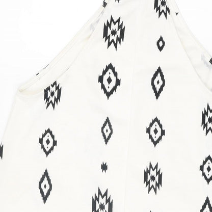 Zara Womens White Geometric Polyester Basic T-Shirt Size S Round Neck