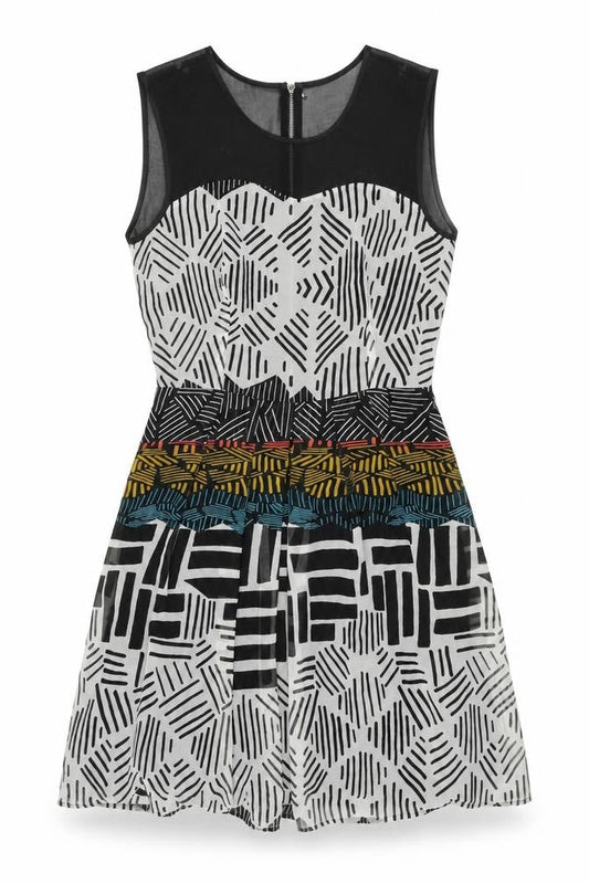 Marks & Spencer Womens Multicoloured Geometric Polyester Skater Dress Size 10 Round Neck Zip