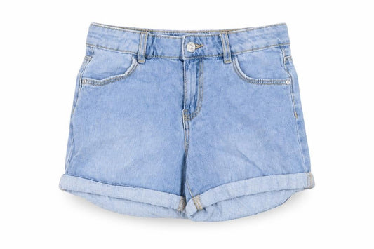 Front view of Denim & Co. girls’ blue cotton hot pants shorts, size 10-11, years regular zip