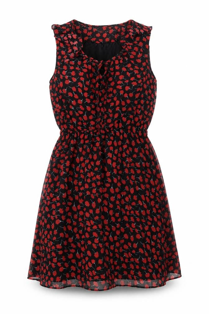 Quiz Womens Black Geometric Polyester A-Line Size 12 V-Neck Pullover - Frill Bow