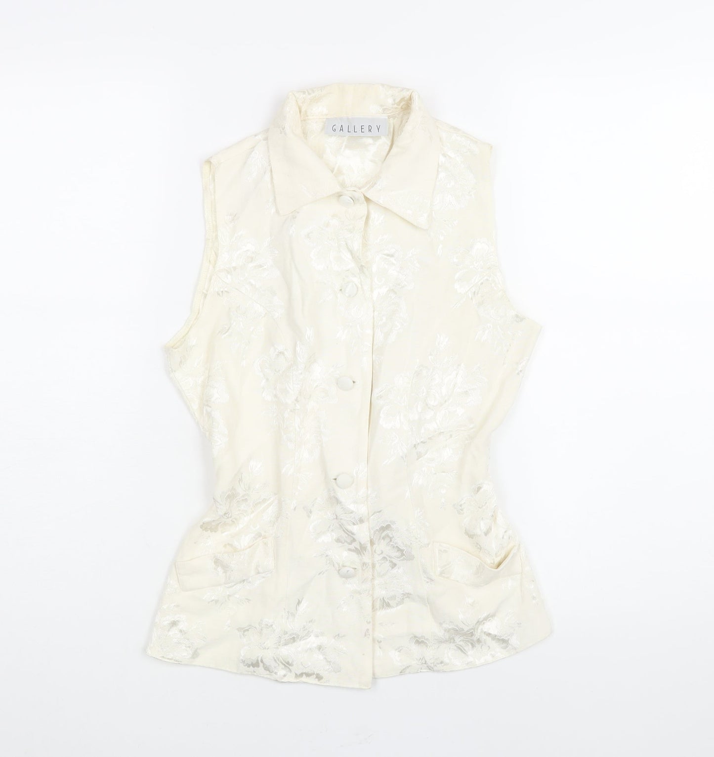 Gallery Womens Ivory Floral Cotton Camisole Blouse Size 8 Collared - Back Buckle Detail