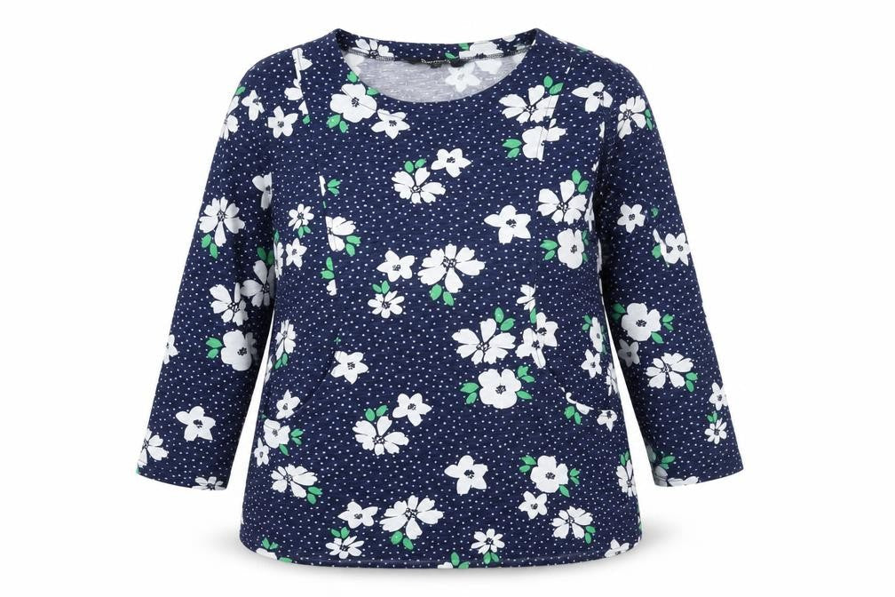 Bonmarché Womens Blue Floral Cotton Basic Blouse Size 10 Round Neck