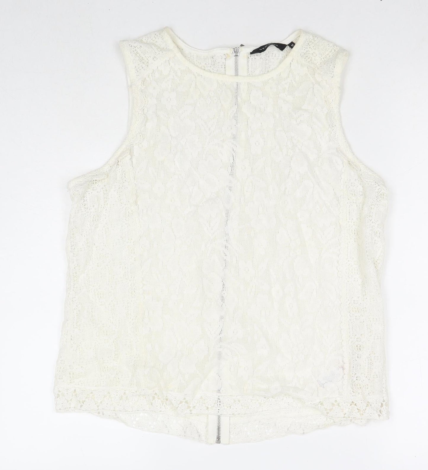 New Look Womens White Geometric Cotton Basic Tank Size 16 Round Neck