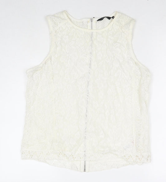 New Look Womens White Geometric Cotton Basic Tank Size 16 Round Neck