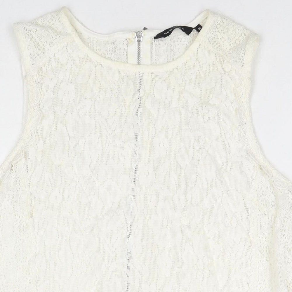 New Look Womens White Geometric Cotton Basic Tank Size 16 Round Neck