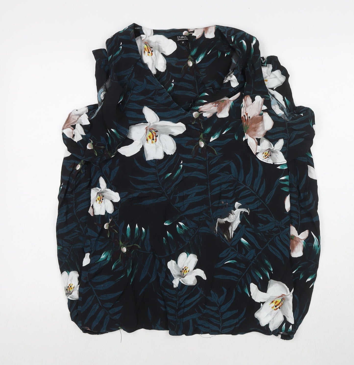 Julien Macdonald Womens Black Floral Polyester Basic Button-Up Size 14 V-Neck - Cold Shoulder