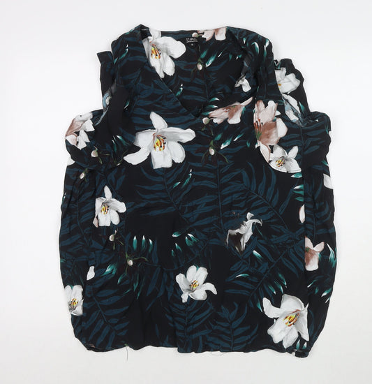 Julien Macdonald Womens Black Floral Polyester Basic Button-Up Size 14 V-Neck - Cold Shoulder