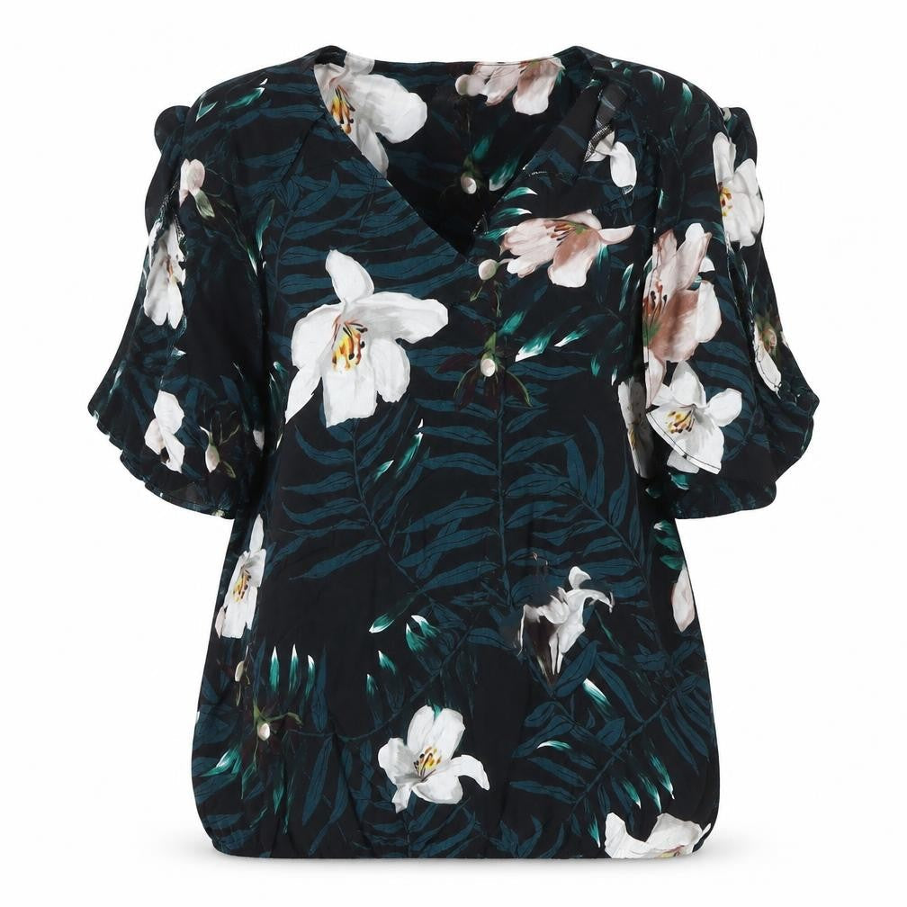 Julien Macdonald Womens Black Floral Polyester Basic Button-Up Size 14 V-Neck - Cold Shoulder