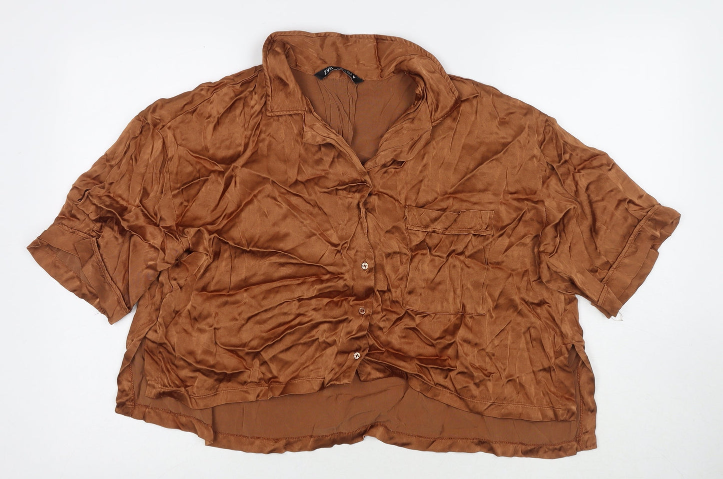 Zara Womens Brown Polyester Basic Button-Up Size S Collared