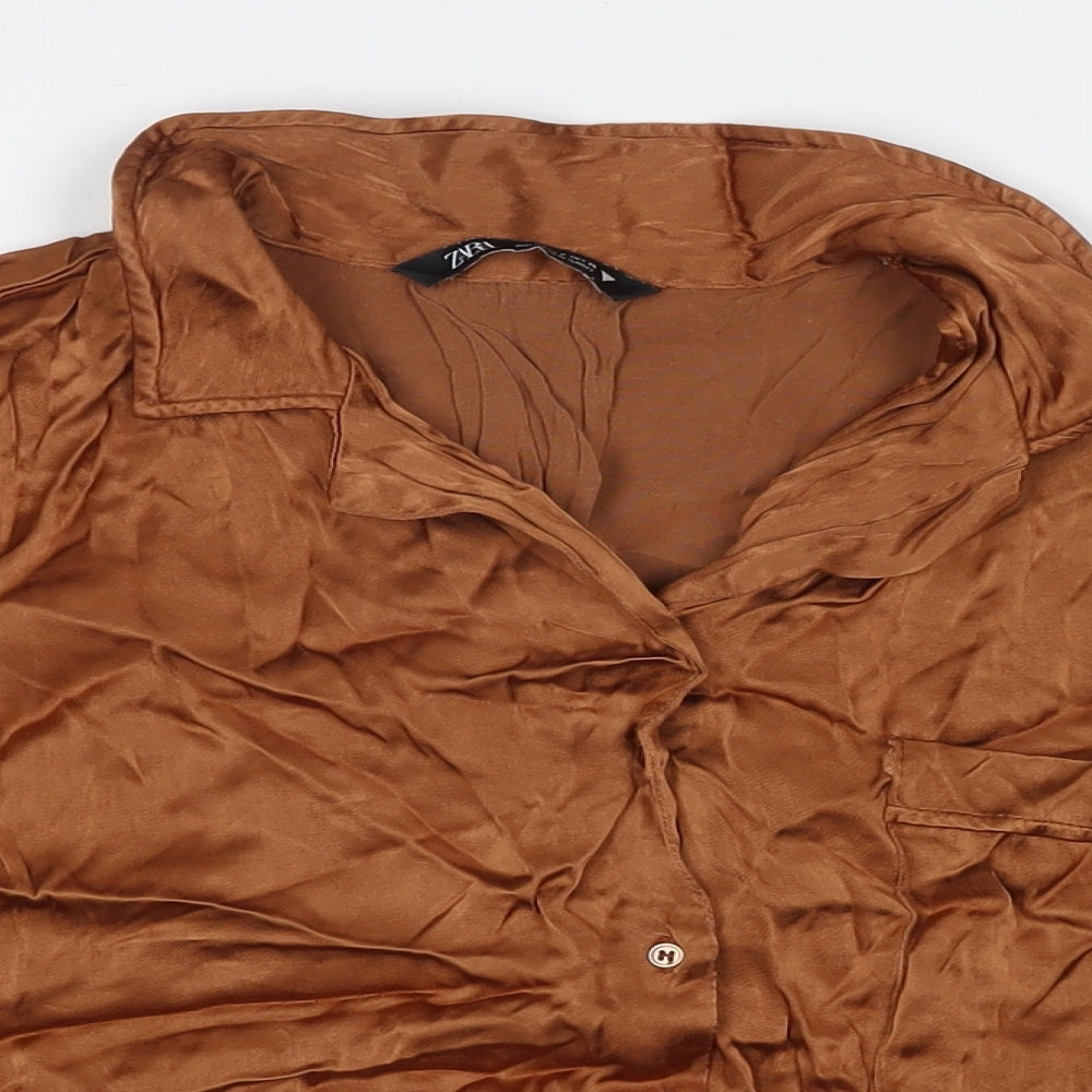 Zara Womens Brown Polyester Basic Button-Up Size S Collared
