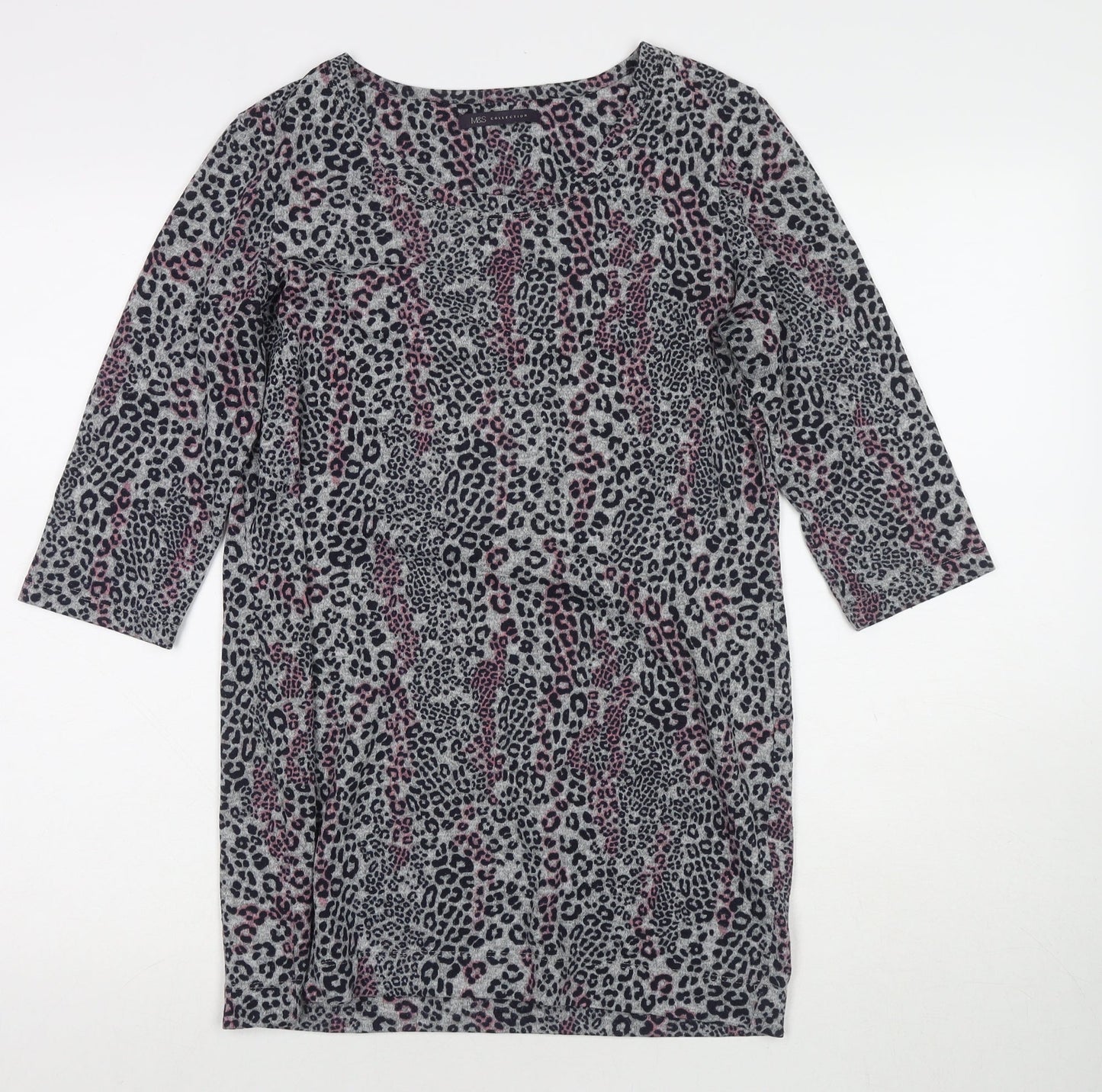 Marks and Spencer Womens Grey Round Neck Animal Print Polyester Tunic Jumper Size 12 - Leopard Print