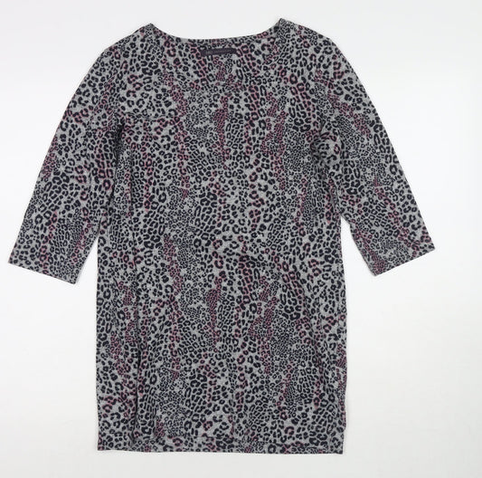 Marks and Spencer Womens Grey Round Neck Animal Print Polyester Tunic Jumper Size 12 - Leopard Print