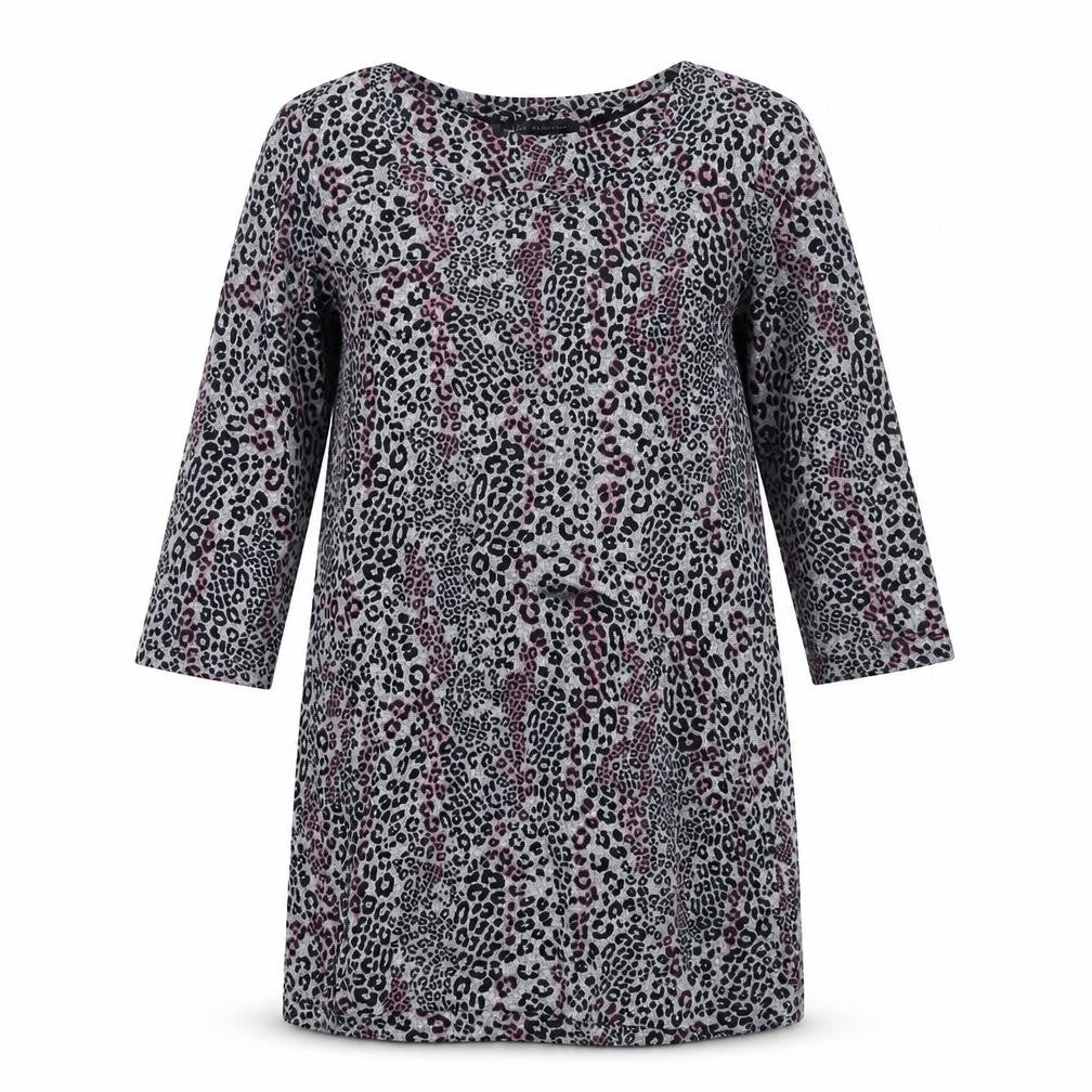 Marks & Spencer Womens Grey Round Neck Animal Print Polyester Tunic Jumper Size 12 - Leopard Print