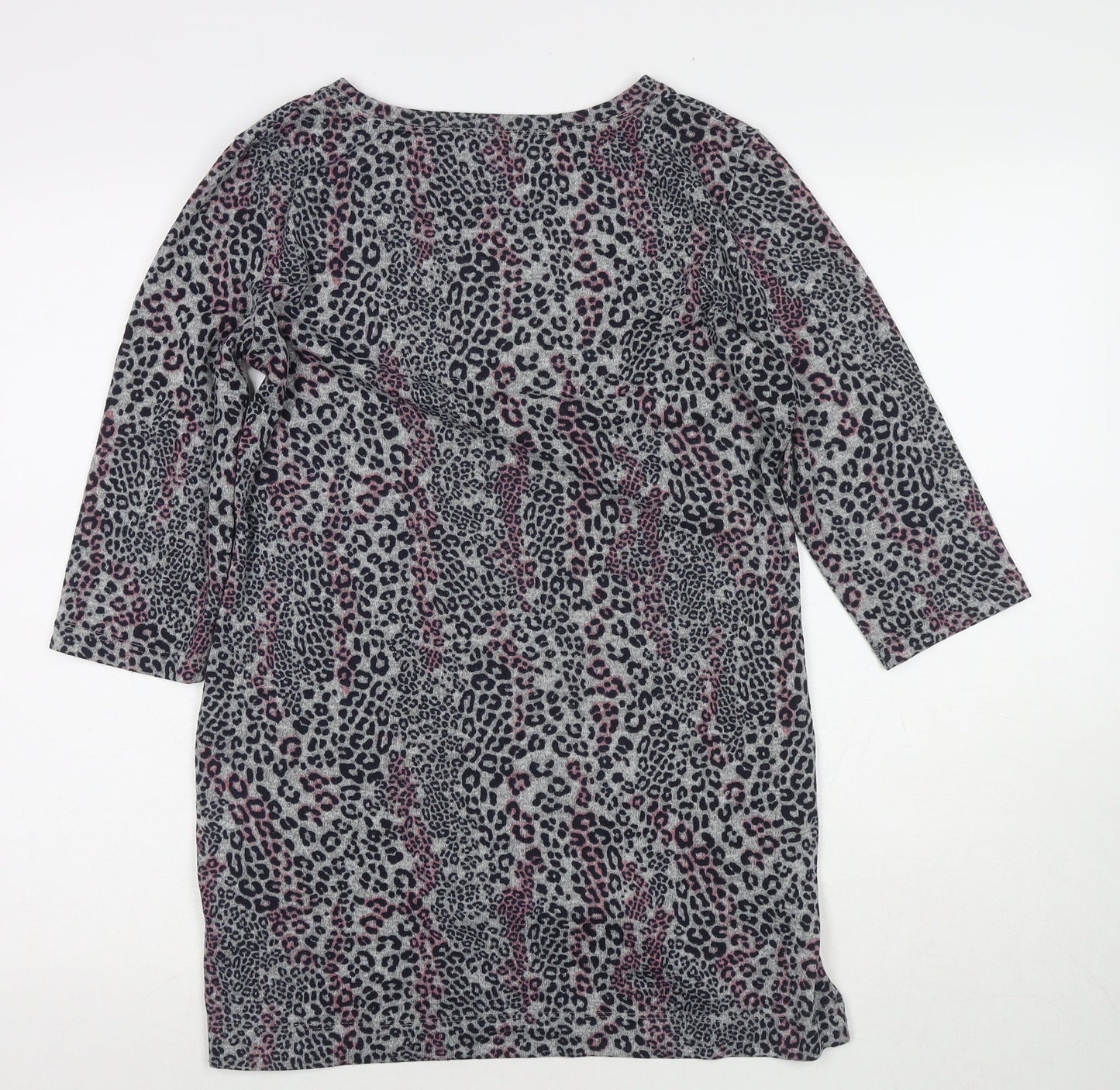 Marks and Spencer Womens Grey Round Neck Animal Print Polyester Tunic Jumper Size 12 - Leopard Print