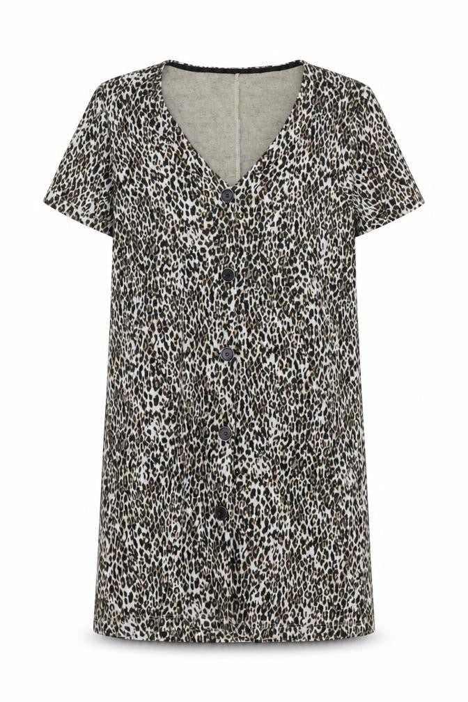 Mango Womens Brown Animal Print Polyester T-Shirt Dress Size S V-Neck Button